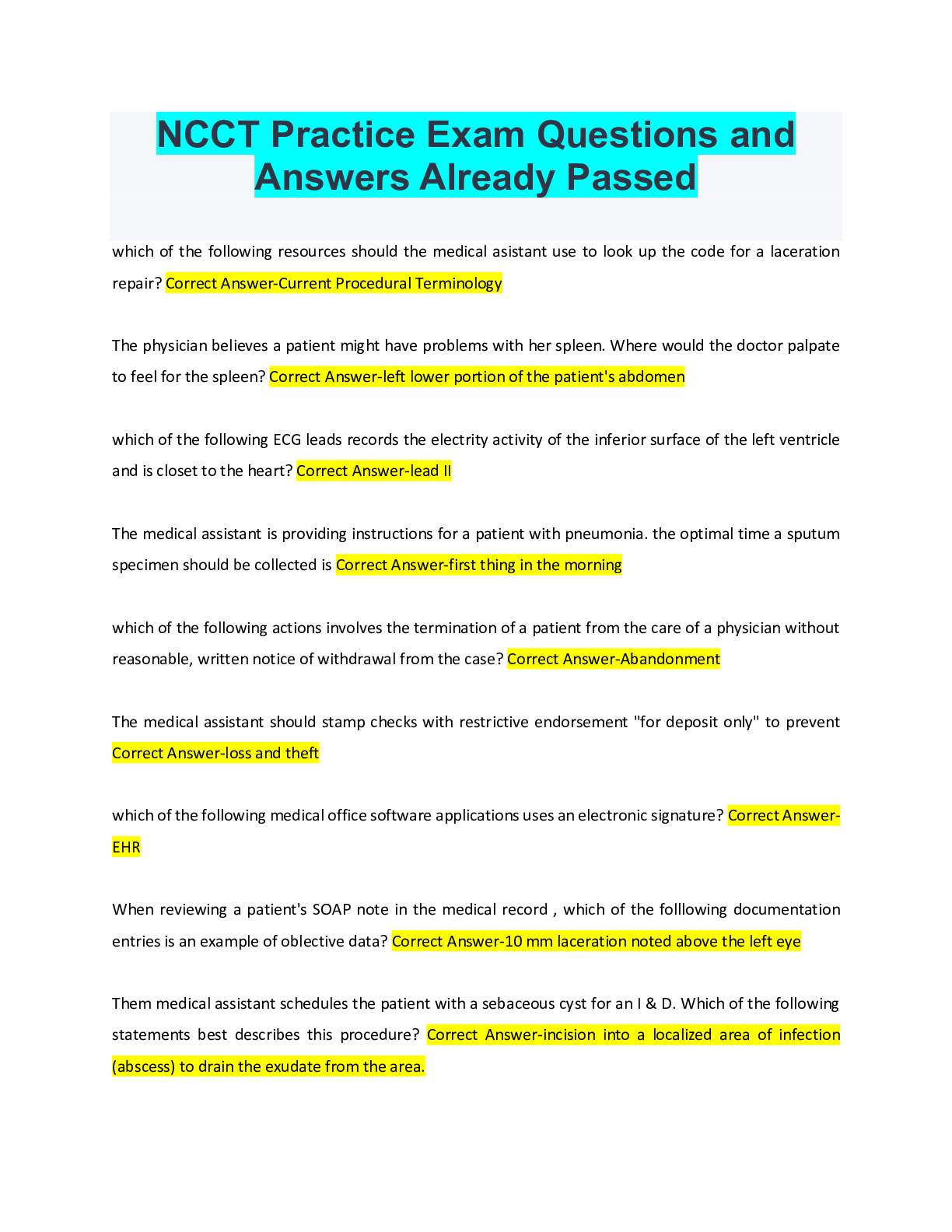 NCCT Practice Exam Questions and Answers Already Passed - Browsegrades